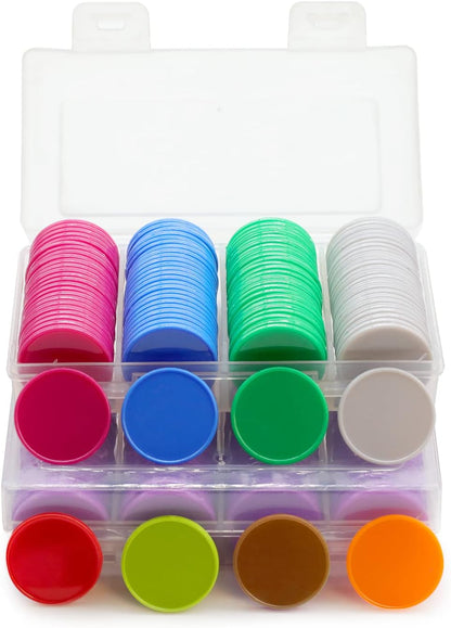 Set of 100 Opaque Plastic Learning Counters Mini Poker Chips Game Tokens with Storage Box (Black+White+Blue+Purple, 1 Inch)