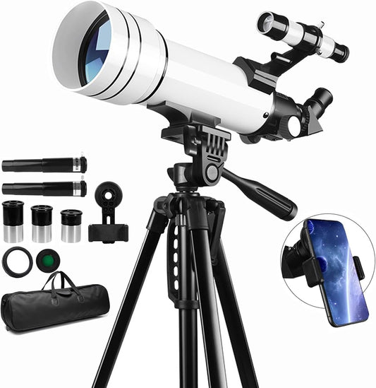 Telescope for Adults & Kids，70mm Aperture 400mm Astronomical Refractor Telescopes for Kids Beginners，with Adjustable Height Tripod，Moon Mirror, Bard Membrane，Phone Adapter, Carrying Bag
