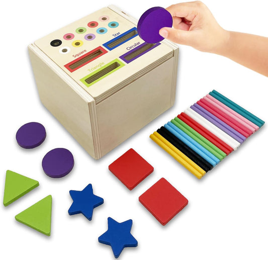 Wooden Montessori Toys for Toddlers, Color & Shape Sorting Matching Games, Fine Motor Skills Sensory Preschool Learning Educational Toys Baby Boys Girls Gifts (3 in 1)