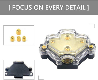 3 Way Power Distribution Block, 0/2/4 AWG Gauge in, 4/8/10 Gauge Out, Car Audio Stereo Amp Distribution Connecting Block for Audio Splitter (1x0GA+3x4GA) 2 Pack