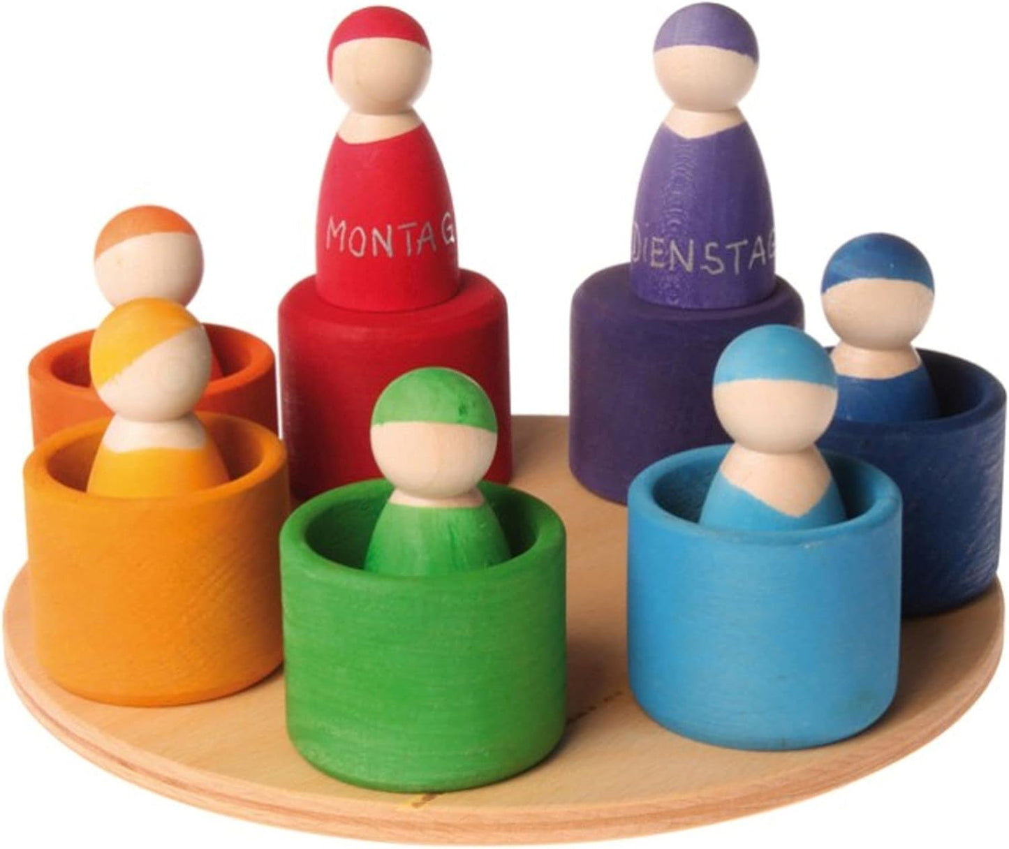 Grimm's Seven Friends in 7 Bowls: Set of Wooden Sorting & Matching Rainbow Peg Dolls with Little Cups and Tray
