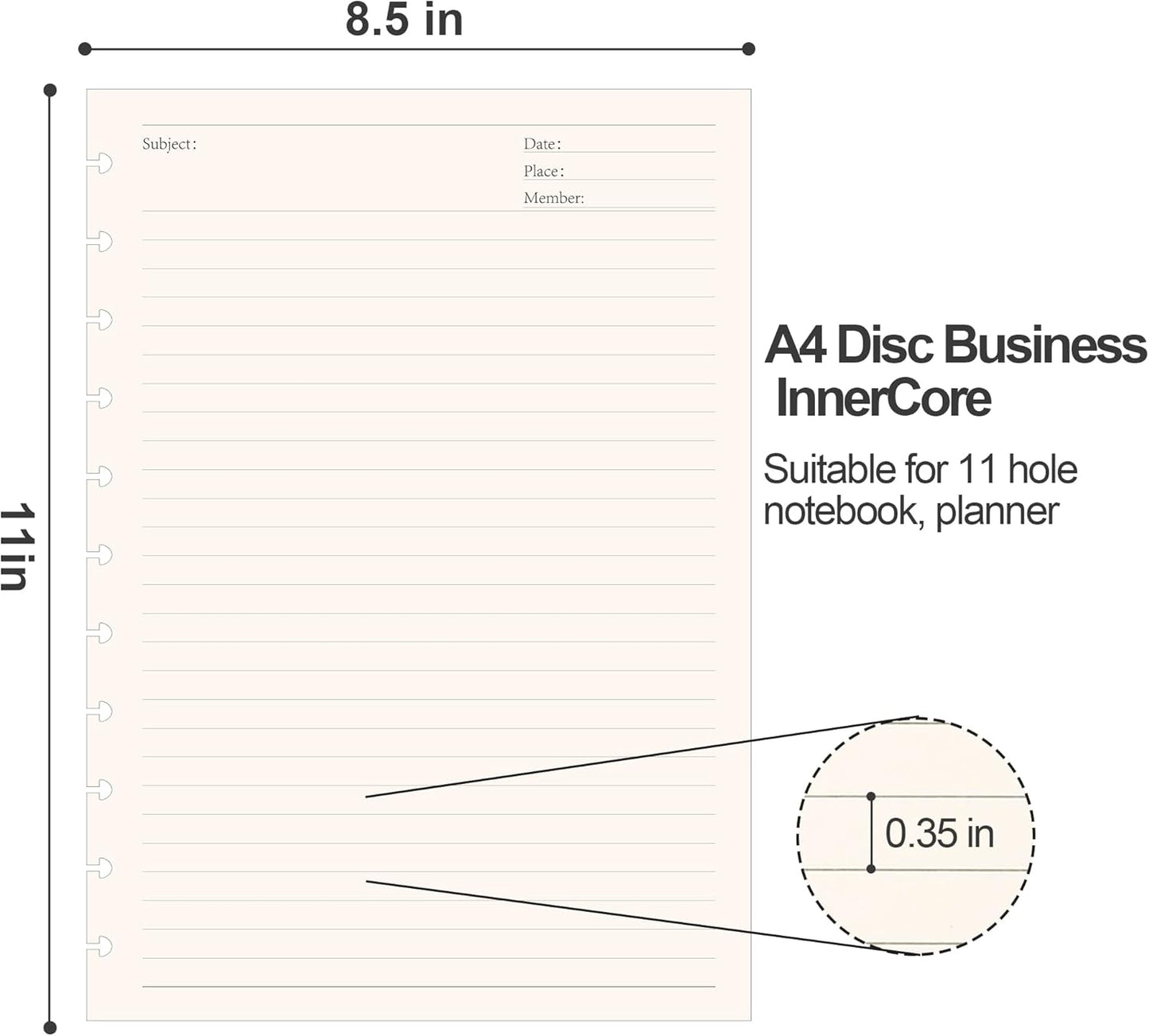 Discbound Notebook Refills for 11 Discs Notebooks 8.6 in x 12 in Letter Size 120 Sheets Multi-Subject Project Lined Pages Customizable Removable Pages(100 GSM) Heavyweight Planing Paper