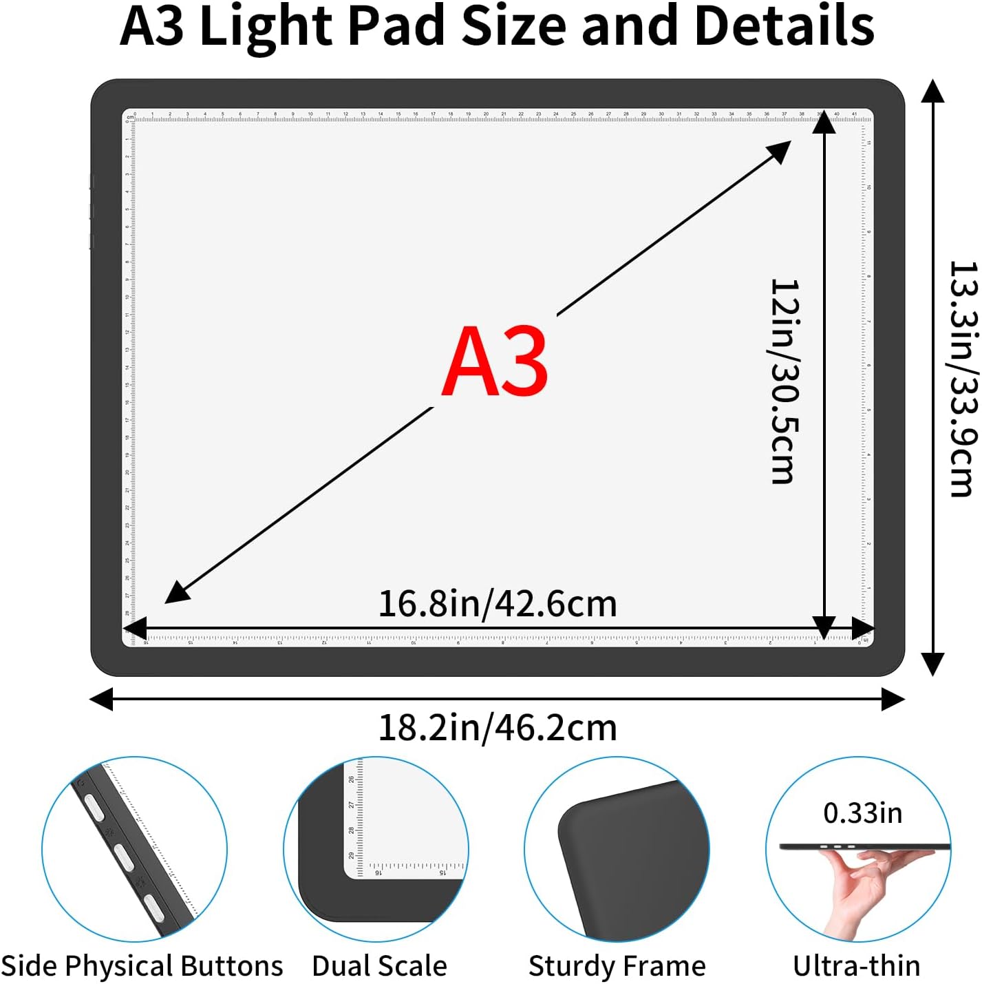 Rechargeable A3 Light Board for Diamond Painting, 5600 Lux Tracing Light Box with Side Physical Buttons, 3 Colors and 6 Levels of Brightness, LED Light Pad for Diamond Art, Drawing, Weeding Vinyl