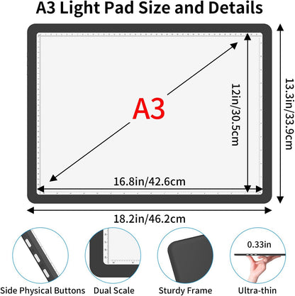 Rechargeable A3 Light Board for Diamond Painting, 5600 Lux Tracing Light Box with Side Physical Buttons, 3 Colors and 6 Levels of Brightness, LED Light Pad for Diamond Art, Drawing, Weeding Vinyl