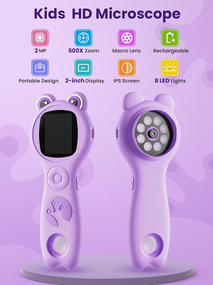 Microscope for Kids, Portable Digital Microscope with 500X Magnifying Glass, Handheld Camera Mini Pocket Magnification, Educational Christmas Birthday Gifts for Ages 4 5 6 7 8 9 10 11 12, Purple