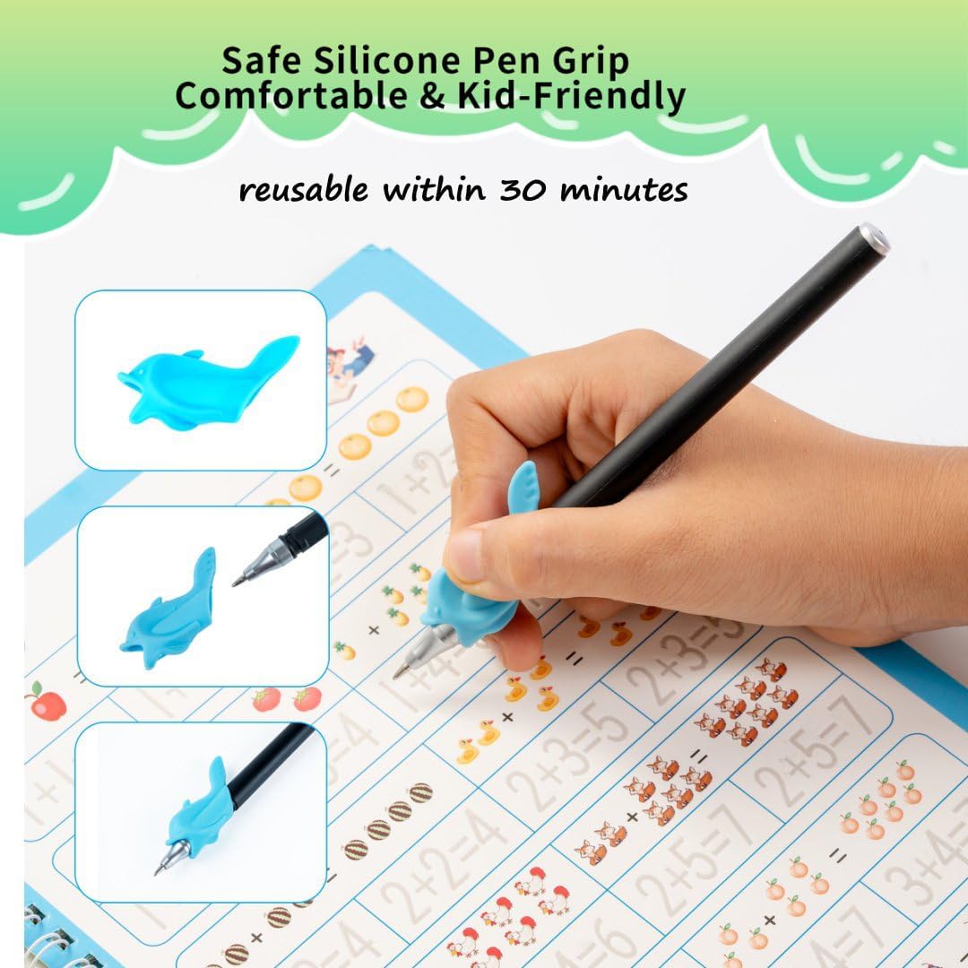 Magic Grooved Writing Practice Books for Kids with Disappearing Ink Pens Grips, Reusable Handwriting Workbooks 6 Pcs, Letter Tracing Copybook for Kindergarten Ages 3-8