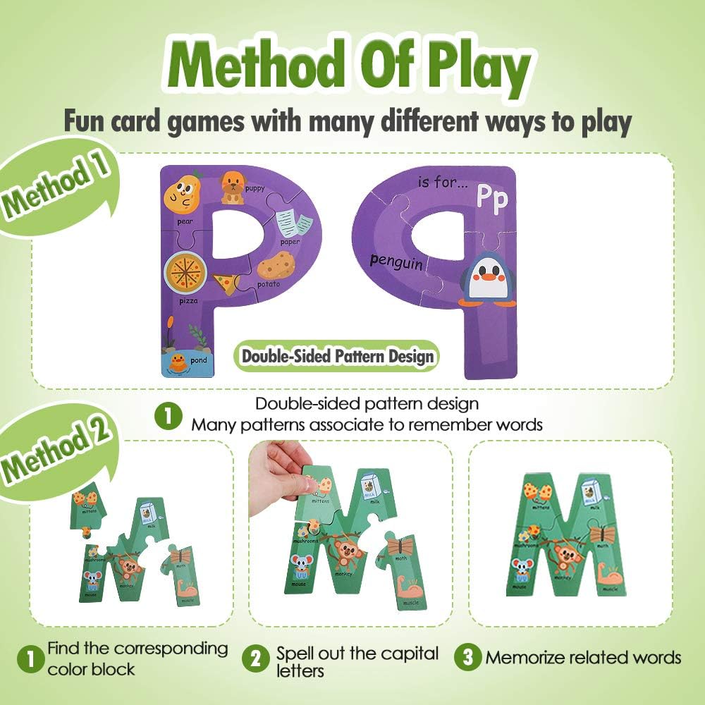 Wooden Jumbo Alphabet ABC Letter Toddler Puzzles Color Shape Animals Recognition Montessori STEM Jigsaw Preschool Learning Educational Toy for Kids 3 4 5 Years Old Boys Girls