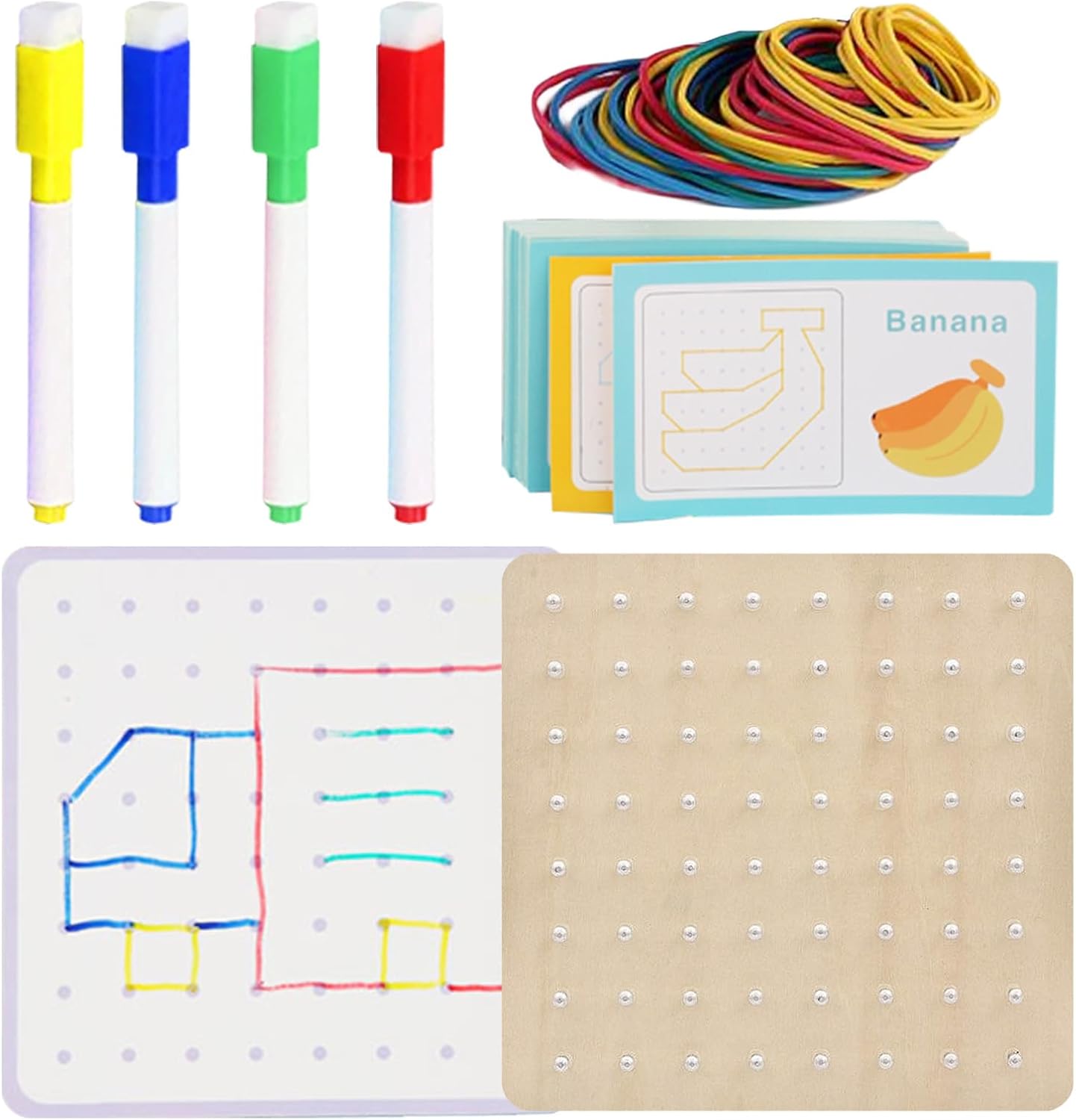 Wooden Geoboard,Geometric Shapes for Kids - Wooden Geoboards with Rubber Bands, Educational Toy Gift for Boys and Girls
