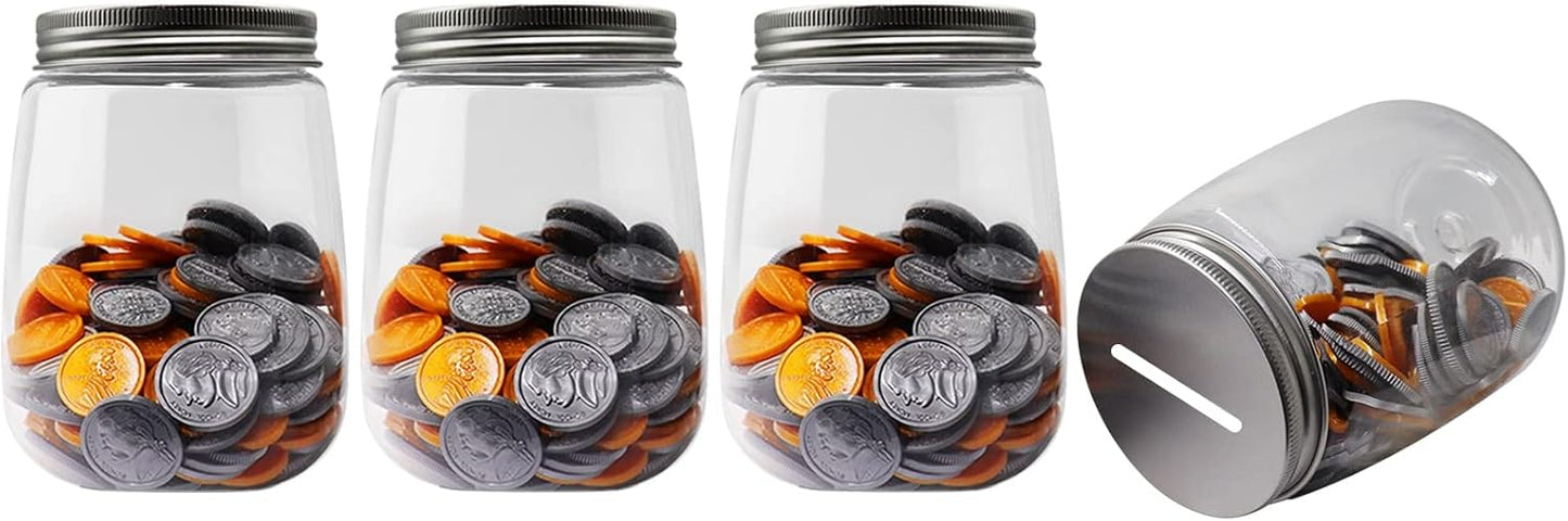 Small Clear Plastic Coin Bank Jars 4-Pack, 16oz with Silver Slotted Lids, Transparent Coin Money Piggy Banks for Adults Teens Kids