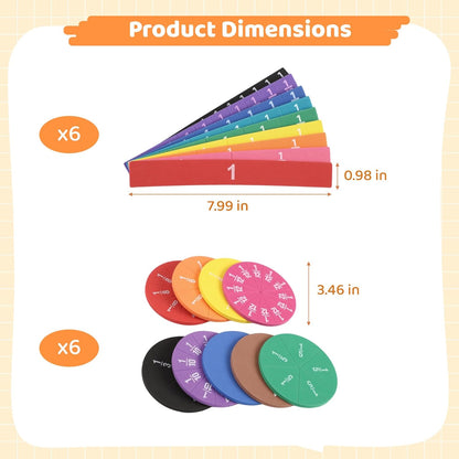 12 Sets EVA Rainbow Fraction Manipulatives, Includes 6 Sets Fraction Tiles and 6 Sets Fraction Circles, Broad Coverage from 1/1 to 1/12, Visual Learning Tool