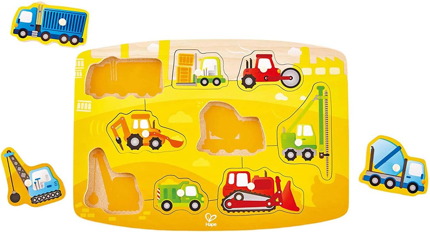 Hape Construction Peg Puzzle| 10 Piece Wooden Peg Jigsaw Puzzle Game, Learning Toy for Toddlers