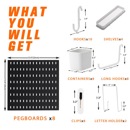 Peg Board Combination Kit, 4 Pegboards with 20 Accessories, Pegboard Wall Organizer for Office, Nursery & Home Storage, Key Holder, 25.6"x25.6" – Nail-Free Installation（White）