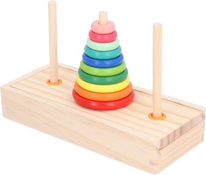 Asixxsix Tower of Puzzle, 10 Levels Wooden Stacking Rings Game, Sustainable Pine Wood Puzzle Tower with 10 Rings 3 Sticks for Children Early Education Family Entertainment