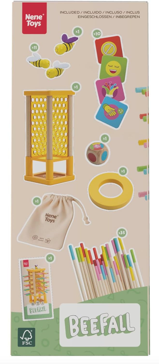 Nene Toys BeeFall Jumbo, 4-in-1 Wooden Honey Bee Toy for Kids Ages 3-9 - Educational Game with Wooden Honeybee Hive, 12 Bees, Colorful Sticks, Dice & Cards - Fun Family Game for Cognitive Development