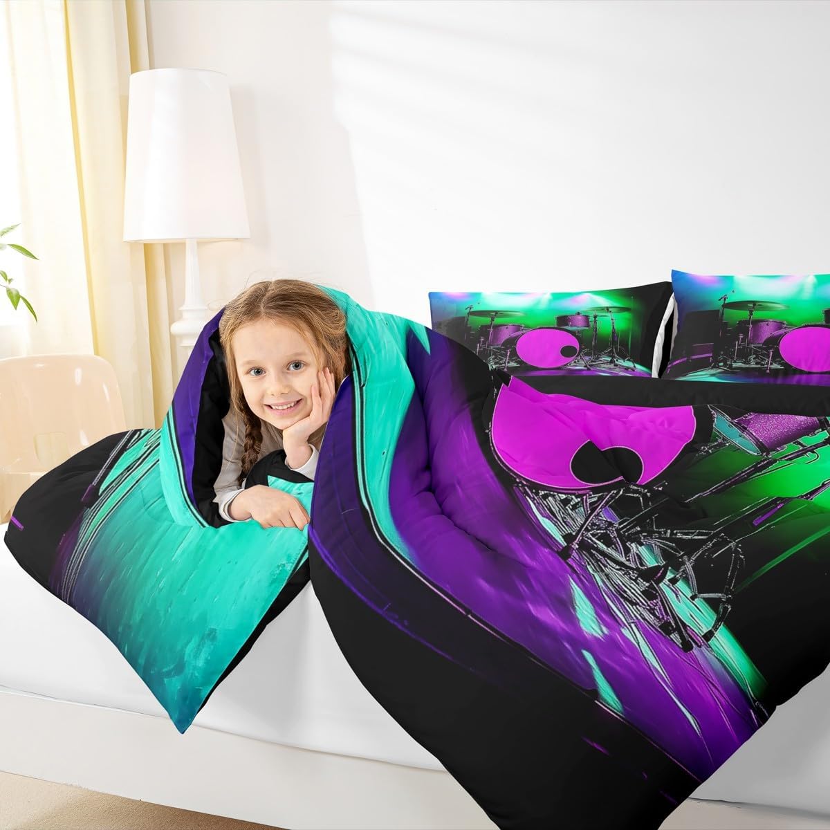 Erosebridal Drum Kit 3D Print Kids Comforter Sets Rock Music Themed Full Bedding Set for Boys Girls Musical Pattern Comforter Set,Colorful Retro Style Quilt Duvet 3 Pcs