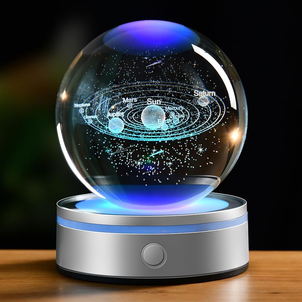 3D Solar System Crystal Ball Universe Glass Ball Space Astronomy Gift Planets Model Science Astrophysics Gifts Solar System Night Light Glass Globe Decor with 12 Colorful Modes Light Base