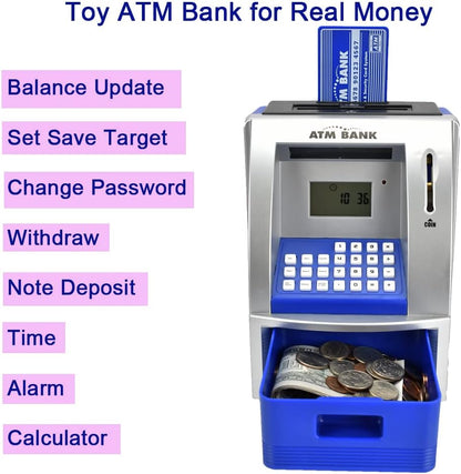 Electronic Piggy Bank with Password for Kids for 6-12 Year Old Boys and Girls - Toy Counting Money Bank - Fun Birthday Present - ATM Piggy Bank for Real Money (Black/Silver)