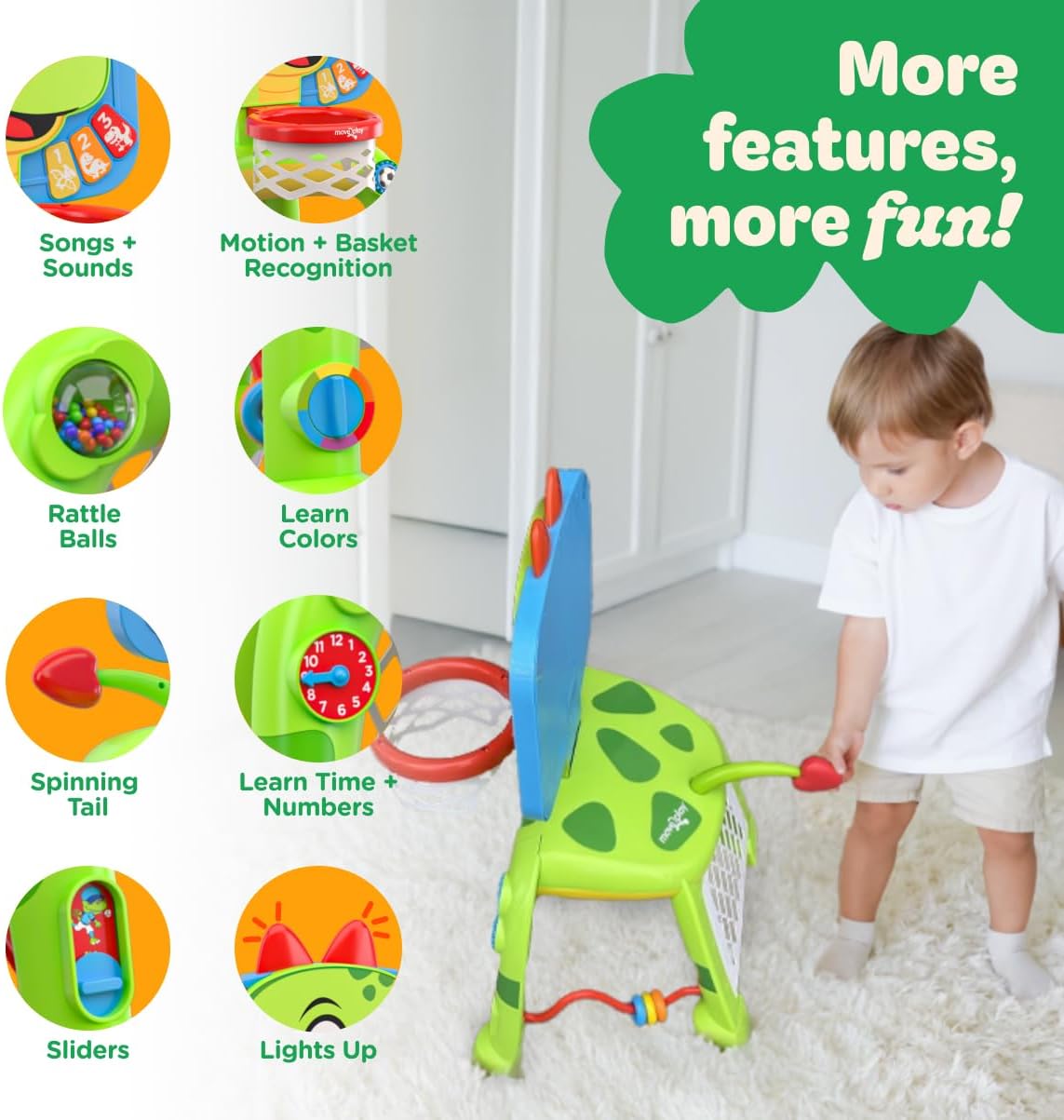 Move2Play, Dinosaur Basketball Hoop & Soccer Goal Activity Center | 30+ Sounds & Songs + 5 Lights | 1 2 3 Year Old for Boys and Girls | Toy & Gift for Baby & Toddlers