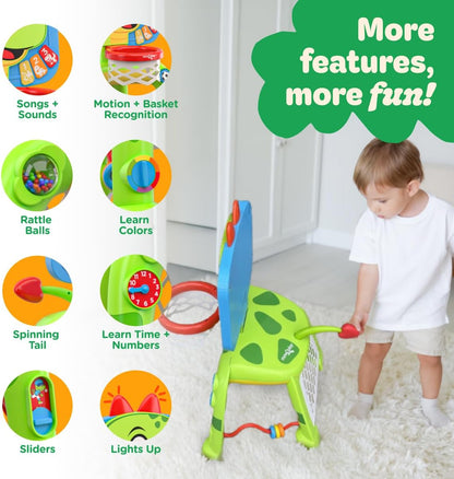 Move2Play, Dinosaur Basketball Hoop & Soccer Goal Activity Center | 30+ Sounds & Songs + 5 Lights | 1 2 3 Year Old for Boys and Girls | Toy & Gift for Baby & Toddlers