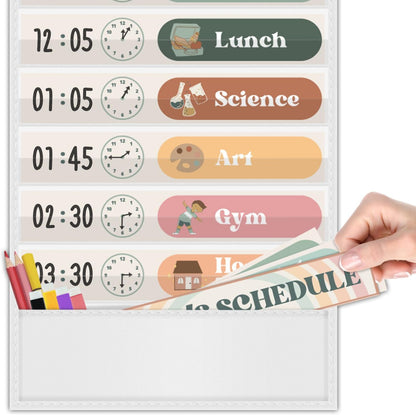 Godery Boho Daily Schedule Pocket Chart for Classroom with 24 Cards，Welcome Back to School Classroom Decorations, White