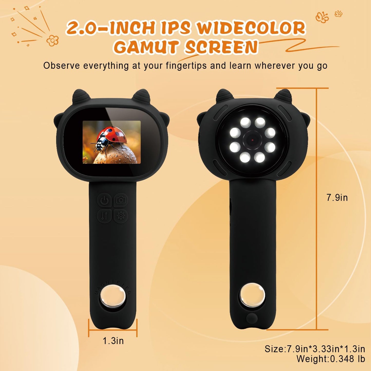 Microscope for Kids 500x Magnification,4X Zoom Mini Pocket Handheld Microscope with 2.0" Screen for Toddlers-STEM Educational Science Kit Toddler for Boys Girls Aged 3-12(Black)