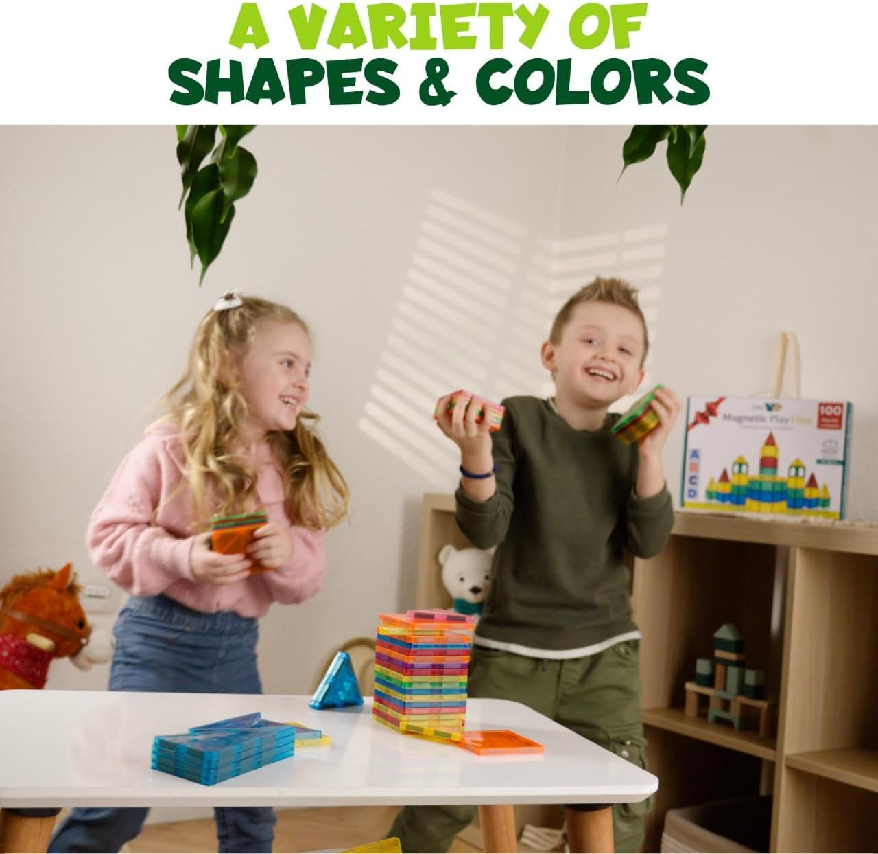 Magnetic Tiles 100 pcs with 2 Cars, STEM Building Blocks for Kids, Educational Gift, Magnet Construction Toys for Toddlers, School Teacher Supplies, Classroom Must-Haves