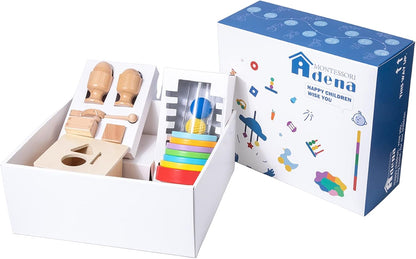 Adena Montessori Play Kit for 3-4 Months Baby,8 in 1 Wooden Learning Educational Toys for Toddler,Include Framed Mirror Book,High-Contrast Cards and More,Christmas Birthday Gift for Boys Girls