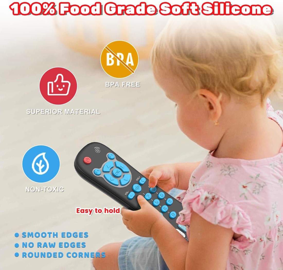 Baby Remote Control Toy, Realistic Toddler TV Remote Toy with Light Sound Kid Learning Education Musical Toys with English French Spanish Infant Gift for Boys Girls 6M+ (Black)