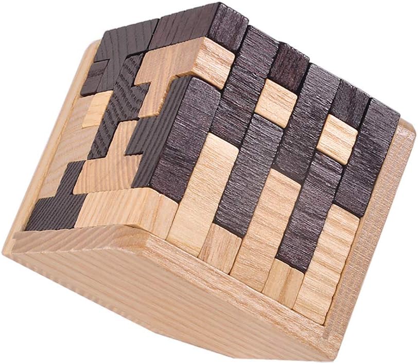 KINGOU Wooden Brain Puzzle Cube 3D Brain Teaser Puzzles 54 Pieces T-Shaped Blocks Builder Creative Educational Toy for Kids and Adults Desk Puzzles for Gift