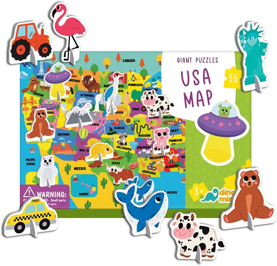 Dinomini Giant World Map Puzzle for Kids - with Interactive Standing Figures - Floor Puzzles for Kids Ages 3-5 - Preschool Learning Activities - Learning & Educational Toys