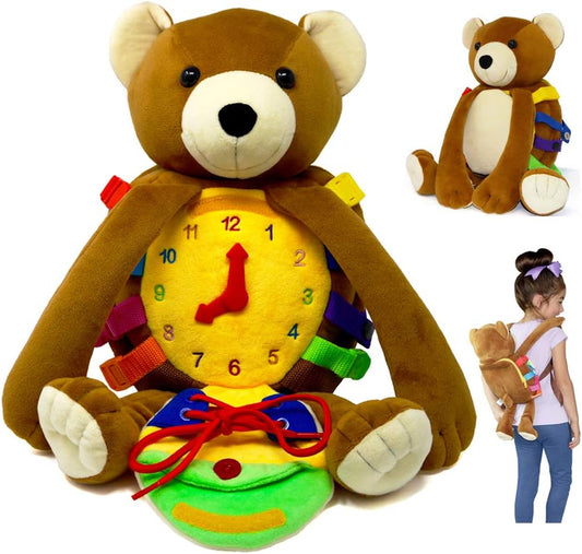 Buckle Toys Bear Backpack - Toddler Backpack & Stuffed Animal Learning Activity – Develops Fine Motor & Basic Life Skills – Soft Plush Kids Travel Toy - Billy Bear