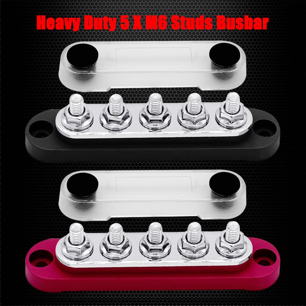 2 x #10 (M5) Studs Power Distribution Block with 5 x #8 (M4) Screws, Ampper 4.2" Bus Bar 12V Power Distribution Terminal Block Battery Busbar for Car Audio Solar (Red & Black)