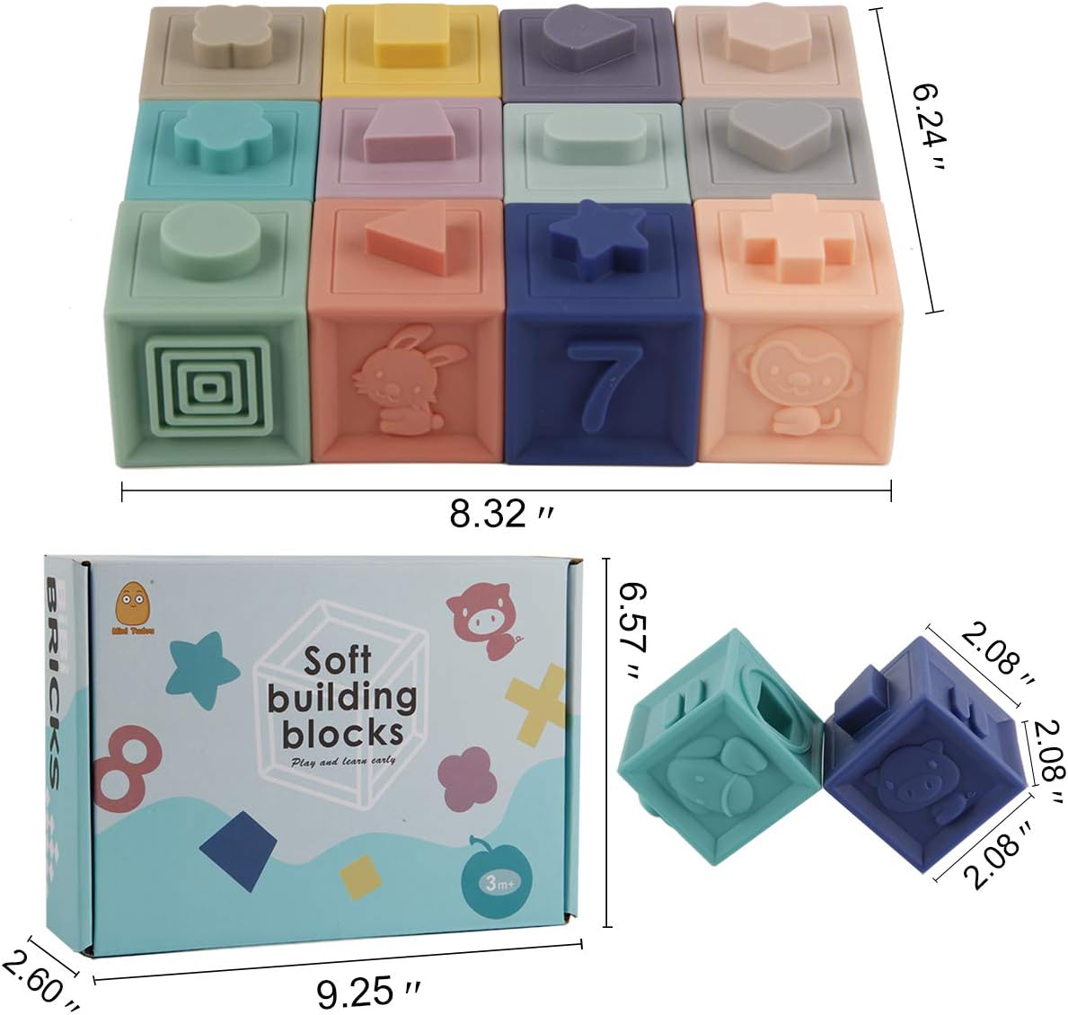 Mini Tudou Baby Blocks Soft Building Blocks Baby Toys Teethers Toy Educational Squeeze Play with Numbers Animals Shapes Textures 6 Months and Up 12PCS