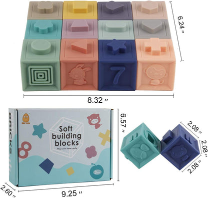 Mini Tudou Baby Blocks Soft Building Blocks Baby Toys Teethers Toy Educational Squeeze Play with Numbers Animals Shapes Textures 6 Months and Up 12PCS