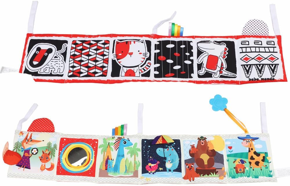 Bebe Mondo Teddy Bear Tummy Time Toy with Mirror, Soft Baby Book for 0-3-6-12 Months, Infant Sensory Developmental Toy, Shower Baby Gifts,Activity Quiet Cloth Book for Newborns,1-2 Year Old Book-Night