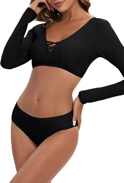 JadeRich Women's Fashion Pattern Long Sleeve Tankini Sets UPF 50+ Rash Guard Swimsuit Sun Block Swimwear