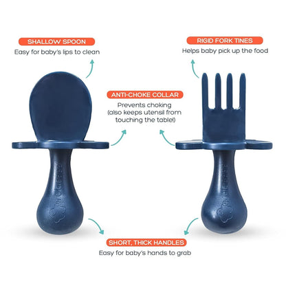 Grabease Baby Feeding Utensils - Anti-Choke Collar & Toddler Fork for Ages 1-3 - Easy-Grip Curved Handle Infant Spoon - Dishwasher-Safe Convenience & Baby Cutlery - Teal