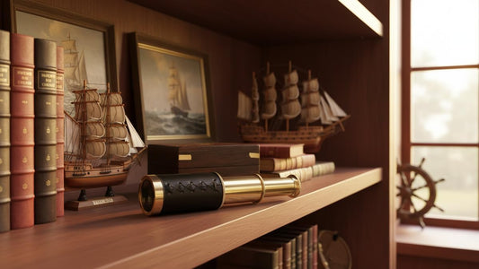 6" Nautical Handheld Pirate Brass Telescope with Anchor on Wooden Box, Sailor Home Decor Rustic Vintage Home Decor Gifts