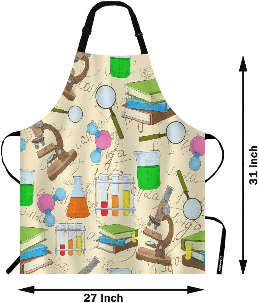 WONDERTIFY Science Education Sketch Apron,Laboratory Chemistry Book Equation Loupe Beaker Flask Glass Bib Apron with Adjustable Neck for Men Women,Suitable for Kitchen Cooking Chef Grill Bistro Apron