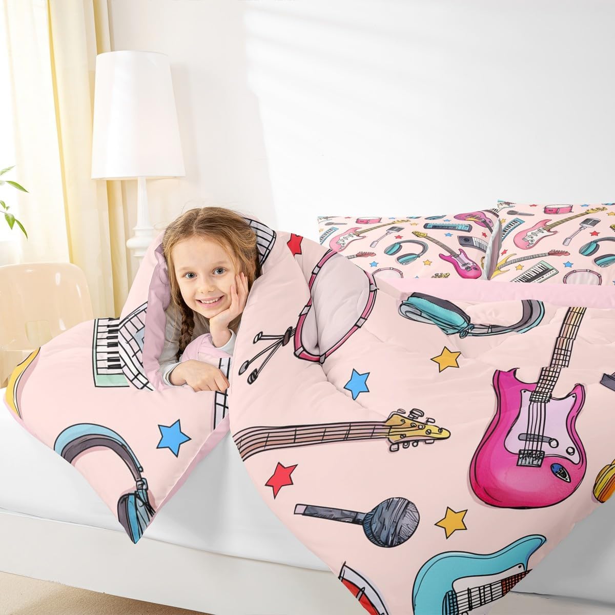 Erosebridal Drum Kit 3D Print Kids Comforter Sets Rock Music Themed Full Bedding Set for Boys Girls Musical Pattern Comforter Set,Colorful Retro Style Quilt Duvet 3 Pcs
