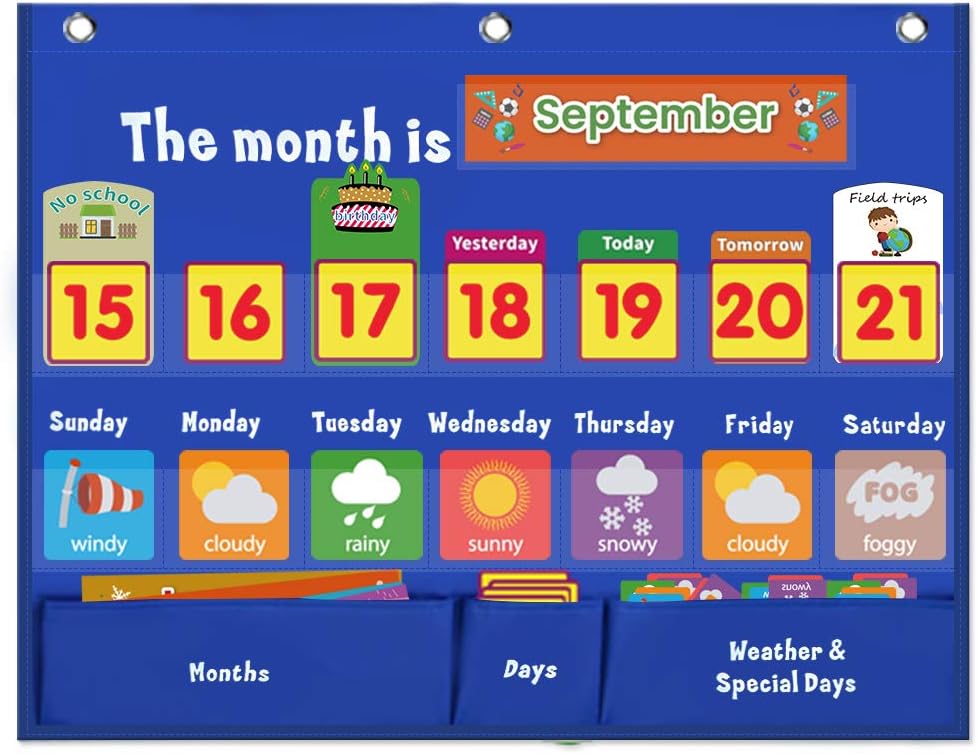 Weekly Calendar with Weather Pocket Chart Elementary for Classroom Home,98 Bright Cards Included,Learning Pocket Chart Calendar for Kids Toddlers
