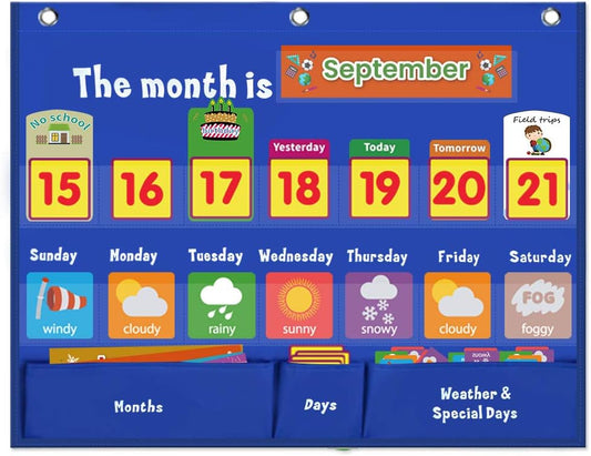 Weekly Calendar with Weather Pocket Chart Elementary for Classroom Home,98 Bright Cards Included,Learning Pocket Chart Calendar for Kids Toddlers