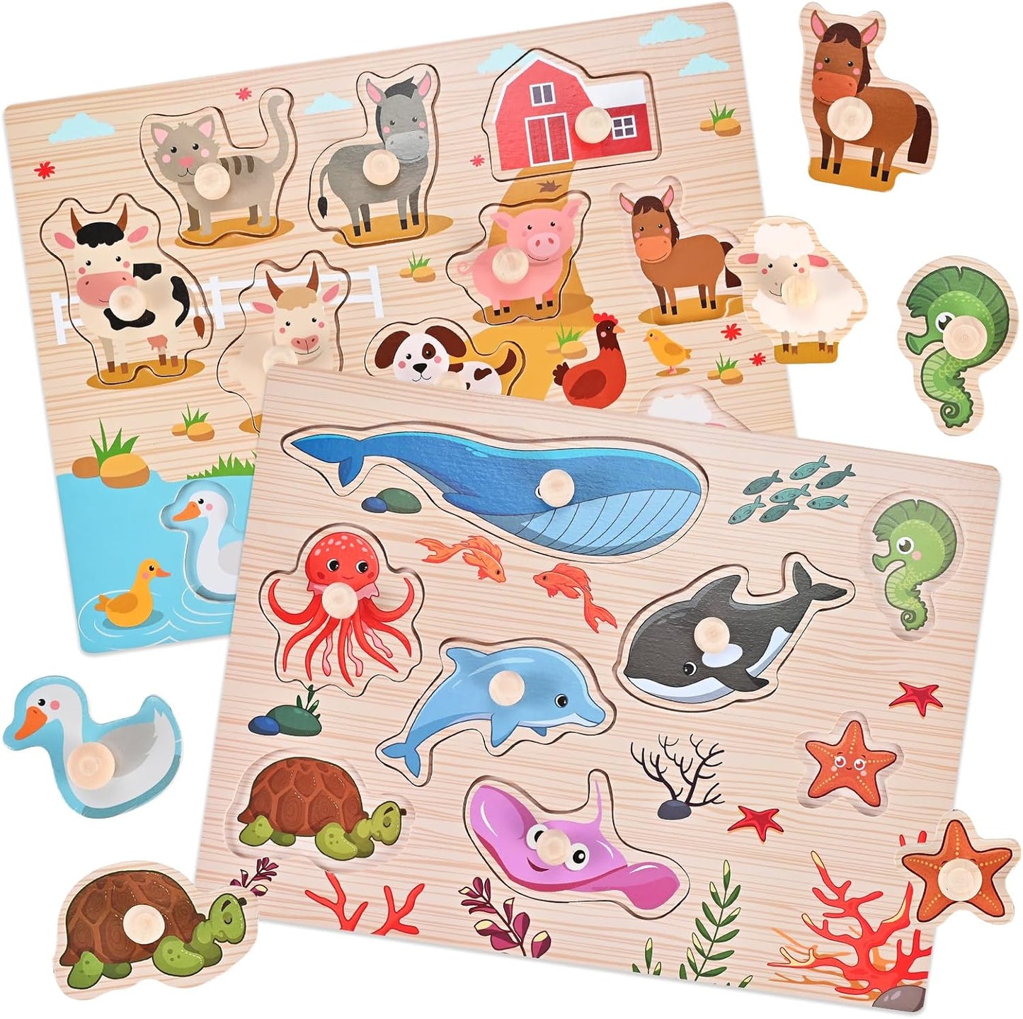 Wooden Peg Puzzles for Toddlers 1-3, 2 Pcs Upgraded Montessori Educational Learning Puzzle Toy - Animal & Sea Themes Puzzles, Great Preschool Gifts for Girls and Boys (8.86 * 11.61 * 0.3in)