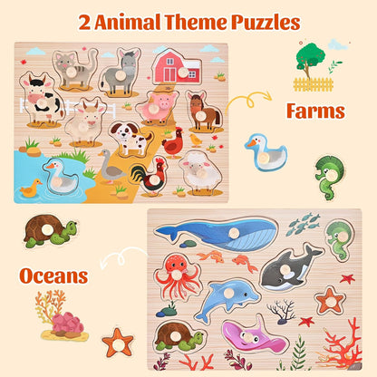 Wooden Peg Puzzles for Toddlers 1-3, 2 Pcs Upgraded Montessori Educational Learning Puzzle Toy - Animal & Sea Themes Puzzles, Great Preschool Gifts for Girls and Boys (8.86 * 11.61 * 0.3in)