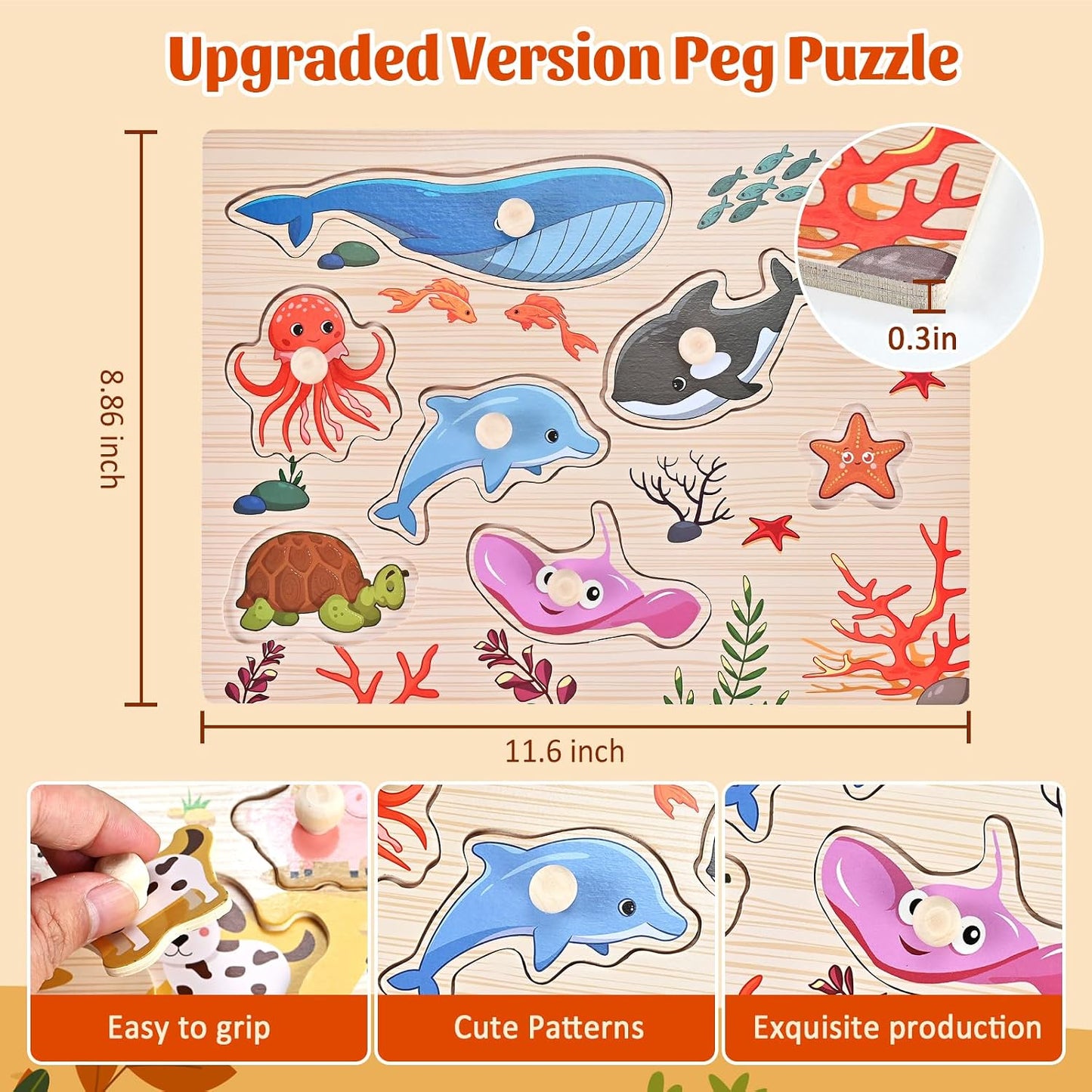 Wooden Peg Puzzles for Toddlers 1-3, 2 Pcs Upgraded Montessori Educational Learning Puzzle Toy - Animal & Sea Themes Puzzles, Great Preschool Gifts for Girls and Boys (8.86 * 11.61 * 0.3in)
