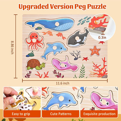 Wooden Peg Puzzles for Toddlers 1-3, 2 Pcs Upgraded Montessori Educational Learning Puzzle Toy - Animal & Sea Themes Puzzles, Great Preschool Gifts for Girls and Boys (8.86 * 11.61 * 0.3in)
