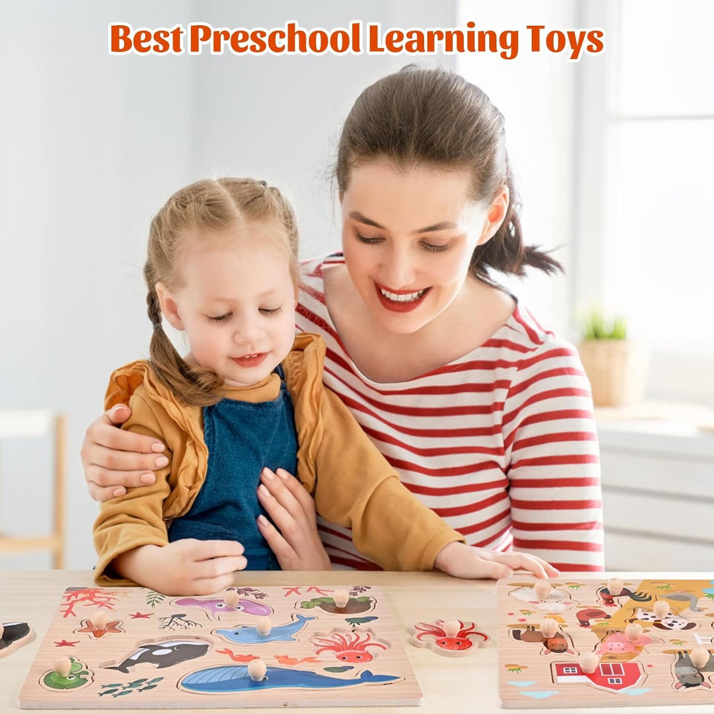 Wooden Peg Puzzles for Toddlers 1-3, 2 Pcs Upgraded Montessori Educational Learning Puzzle Toy - Animal & Sea Themes Puzzles, Great Preschool Gifts for Girls and Boys (8.86 * 11.61 * 0.3in)