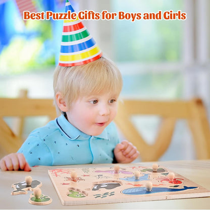 Wooden Peg Puzzles for Toddlers 1-3, 2 Pcs Upgraded Montessori Educational Learning Puzzle Toy - Animal & Sea Themes Puzzles, Great Preschool Gifts for Girls and Boys (8.86 * 11.61 * 0.3in)