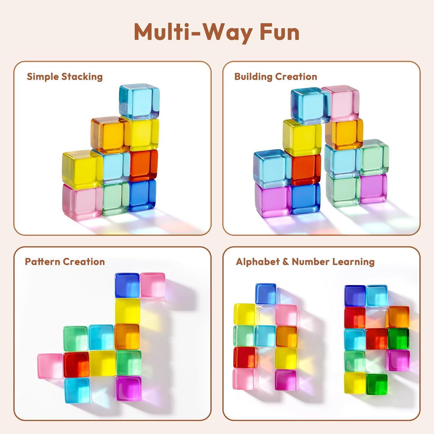 Woodtoe Wooden Building Blocks Set for Kids, 36 PCS Rainbow Acrylic Gem Blocks - 3 Wood House, Montessori Stacking Toy for Toddlers, Educational STEM Birthday Creative Toy Gift for Boys Girls 3-6