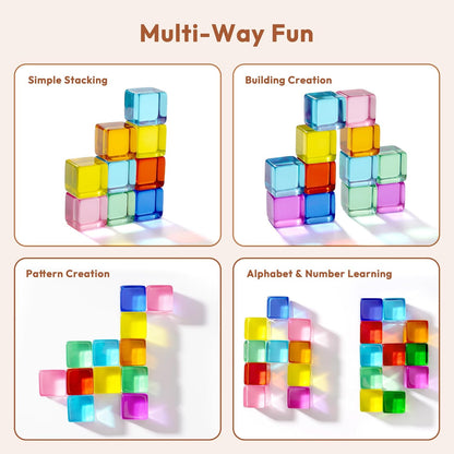 Woodtoe Wooden Building Blocks Set for Kids, 36 PCS Rainbow Acrylic Gem Blocks - 3 Wood House, Montessori Stacking Toy for Toddlers, Educational STEM Birthday Creative Toy Gift for Boys Girls 3-6